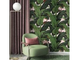 Papel de Parede Esotico WALLPAPERS4BEGINNERS Rosa com Folhas de Banana (250x200cm - Rosa)