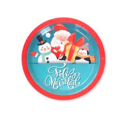 6 Pratos de Papel Feliz Natal Azul e Vermelho 18cm