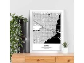 Póster NACNIC de Mapa de Miami - Eua. Perda de Cidades Nos Estados Unidos Com Mares e Rios Em Preto.