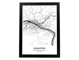 Charleston - Pôster De Mapa Dos Eua. Perda De Cidades Nos Estados Unidos Com Mares E Rios Em Preto. Sem Quadro