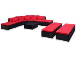 Conjunto de Sofás Exterior VIDAXL almofadões vime PE vermelho (9 peças)