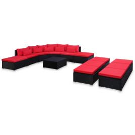 Conjunto lounge de jardim c/ almofadões 9 pcs vime PE vermelho