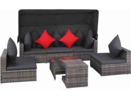 Conjunto de sofás Exterior Almofadões cinzentos  vime PE (7 peças)