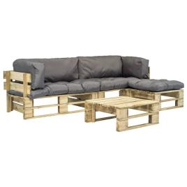 Sofá de paletes jardim 4 pcs almofadões cinzentos madeira
