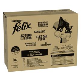Felix Fantastic Saquetas 80 x 85 g - Jumbopack - Misto de carne e peixe em gelatina (vaca, frango, atum, bacalhau)