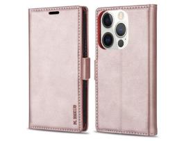 Capa PU + TPU N.BEKUS toque na pele, trava-quedas com suporte em ouro rosa para iPhone 13 Pro Max 6.7