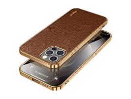 Capa TPU + PU SULADA textura de lichia, galvanizado, híbrido marrom para iPhone 13 Pro 6.1