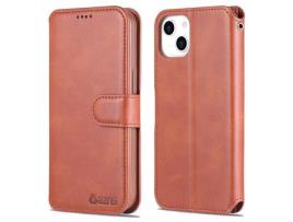 Capa PU + TPU AZNS fecho magnético, anti-queda, com suporte marrom para iPhone 13 6.1