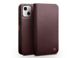 Capa de couro genuíno QIALINO com suporte marrom para iPhone 13 6.1