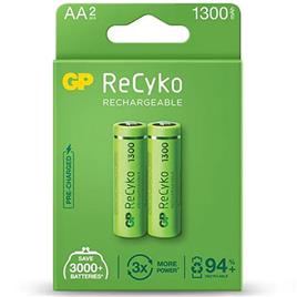 GP ReCyko Pack de 2 Pilas Recargables 1300mAh AA 1.2V - Precargadas - Fabricadas con mas del 10% de Materiales Reciclados
