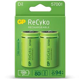 GP ReCyko Pack de 2 Pilas Recargables 5700mAh D 1.2V - Precargadas - Ciclo de Vida: Hasta 1000 Veces