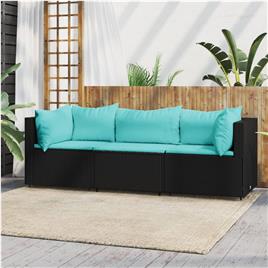 vidaXL 3 pcs conjunto lounge de jardim c/ almofadões vime PE preto