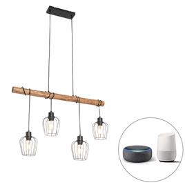 Smart hanglamp zwart met hout incl. 4 Wifi A60 - Stronk