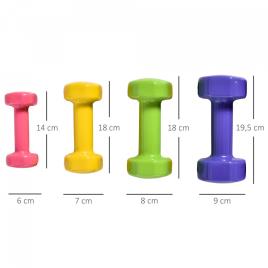 HOMCOM Jogo de 8 Halteres Hexagonais 4 Pares 4kg 3kg 2kg 1kg com Revestimento Pesos para Exercícios em Casa Academia Aço Multicolor