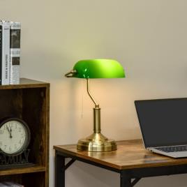 HOMCOM Candeeiro de Mesa Estilo Banqueiro com Interruptor de Corda e Ecrã de Cristal Candeeiro Decorativo de Metal para Dormitórios Sala de Estar 27,5x17,5x39cm Verde