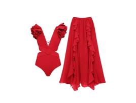 Maiô Feminino Conjunto de Duas Peças Saia Longa Decote em V Costas Abertas Maiô Estampado vermelho (XL)