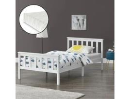 Cama de Solteiro + Colchão [EN.CASA] (209 x 128 x 80 cm - Madeira de Pinho - Branco)