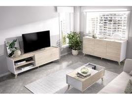 Conjunto Móvel de TV + Aparador + Mesa DEKIT Ness 6 (Branco e Castanho - Melamina - 75 x 155 x 43 cm)