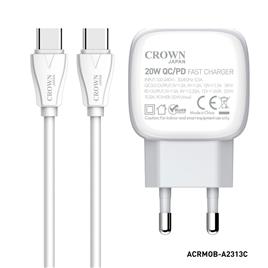 CROWN JAPAN Carregador USB-C - USB-C, QC 3.0, Cabo de 1 m, Branco