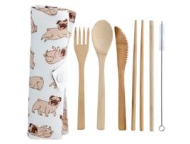 Conjunto de 6 Talheres de Bambu para Cão Pug e Bolsa de Arrumação PUCKATOR Mopps