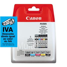 Canon Tinteiro PGI-580 (Preto) + CLI-581 (Azul, Magenta, Amarelo, Preto), Pack 5 Unidades