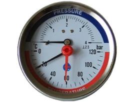 Manómetro de Discagem de 80mm 0-120°C, 0-4 Bar, Entrada Traseira, Termomanómetro 1/2 Polegada Bsp