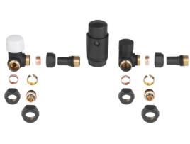 Conjunto Termostático Angular Preto/Dourado para Aquecedor com Conexão de Radiador PEX/Cobre
