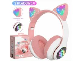 Auscultadores Bluetooth  5.0 com Orelhas de Gato Rosa Sem Fio Estéreo com Led para Crianças e Meninas Dobrável