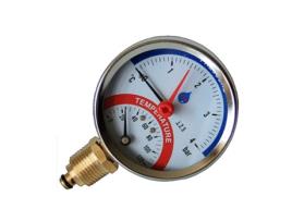 Termomanómetro de Temperatura e Pressão 80 mm Mostrador 0-120 °C 0-2,5 Bar Entrada Lateral 1/2 Polegada Bsp