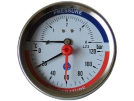 Termomanómetro de Temperatura e Pressão 80 mm Mostrador 0-120 °C 0-2,5 Bar Entrada Traseira 1/2 Polegada Bsp