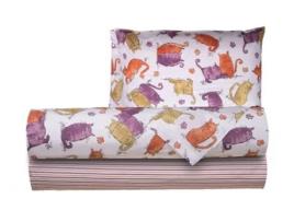 Conjunto de Lençol com Estampa Fantasia 100% Algodão Feito na Itália Cama Individual Gatos Laranja