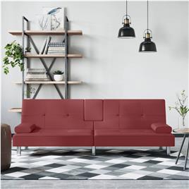 vidaXL Sofá-cama com suporte p/ copos couro artificial vermelho tinto