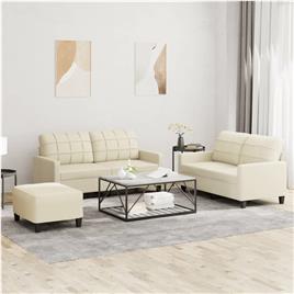 vidaXL 3 pcs conjunto sofás c/ almofadões couro artificial cor creme