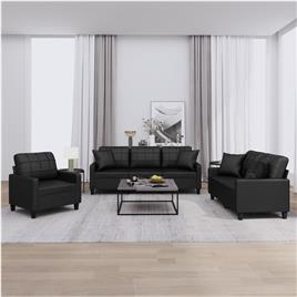 vidaXL 3 pcs conjunto de sofás com almofadas couro artificial preto