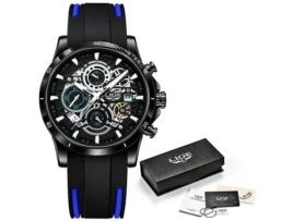Relógio Luxuoso Masculino Bracelete Silicone Azul e Preto L-IGE