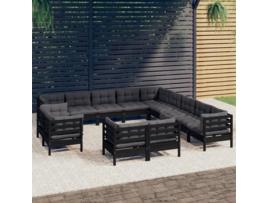 Conjunto Lounge Jardim com Almofadões Pinho Maciço Preto 13 Un