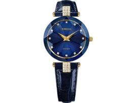 Relógio feminino azul couro real faceta strass J5.617.M JOWISSA