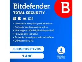 Software BITDEFENDER Total Security (5 Dispositivos - 1 ano - PC, Mac, Smartphone e Tablet - Formato Digital)