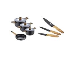 Conjunto de 10 Peças de Cozinha 3 Caçarolas com Tampa 16/20/24 cm1 Fritadeira 24 cm 3 Facas de Cozinha BERGNER Earth Black