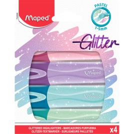 Maped Marcadores Fluorescentes Glitter, Ponta de Cinzel, 1-5 mm, Várias Cores Pastel, Pack 4 Unidades