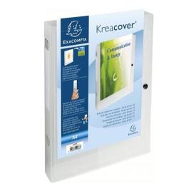 EXACOMPTA Caixa de Arquivo A4 Kreacover® com Botão de Fecho e Bolso Transparente na Parte da Frente, 240 x 330 x 40 mm, Polipropileno da Chromaline, Transparente, Branco