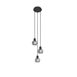 Candeeiro suspenso Art Déco preto com vidro fumê redondo 3 luzes - Vidro