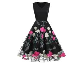 Roupas de Natal com Decote em V Sem Mangas Malha Peônia Patchwork Vestido Retrô S