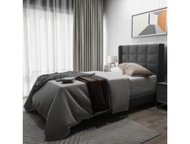 Cama de Solteiro com Cabeceira Estofada Almofadada Base Ripas Firmeza Média YUETOPP Linho Cinzento (90x200cm)