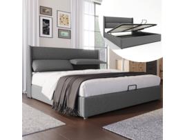 Cama de Casal com Arrumação Estofada Apoio Regulável Estrutura Base Ripas YUETOPP Linho Bege (180x200)