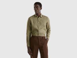 Benetton, Camisa Em Puro Linho, size S, Verde-escuro, Homem