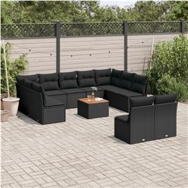 vidaXL 12 pcs conjunto de sofás de jardim c/ almofadões vime PE preto