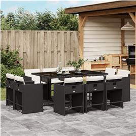 vidaXL 11 pcs conjunto de jantar p/ jardim c/ almofadões vime PE preto
