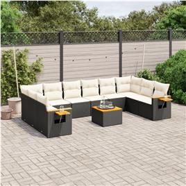 vidaXL 11 pcs conjunto sofás de jardim c/ almofadões vime PE preto