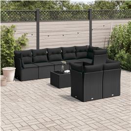 vidaXL 9 pcs conjunto de sofás p/ jardim c/ almofadões vime PE preto
